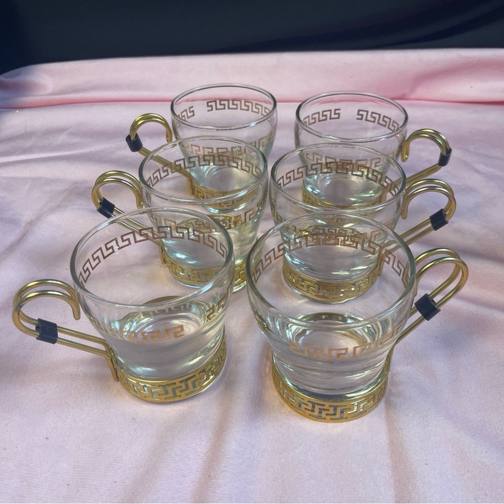 Vintage Libbey Gold Greek Key Glass Centinental Coffee Cup set of 6.
